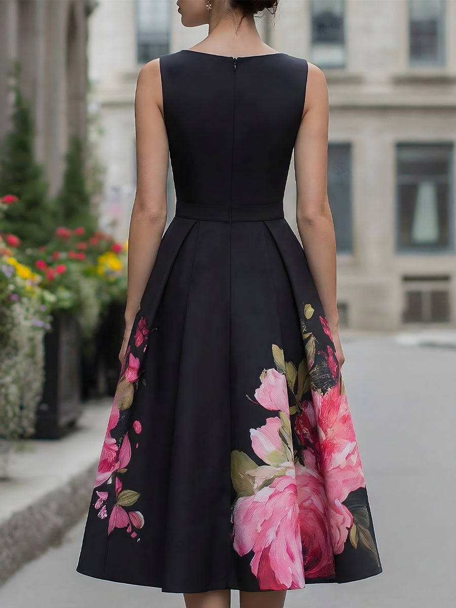Elegante abito midi senza maniche con gonna a stampa floreale 3