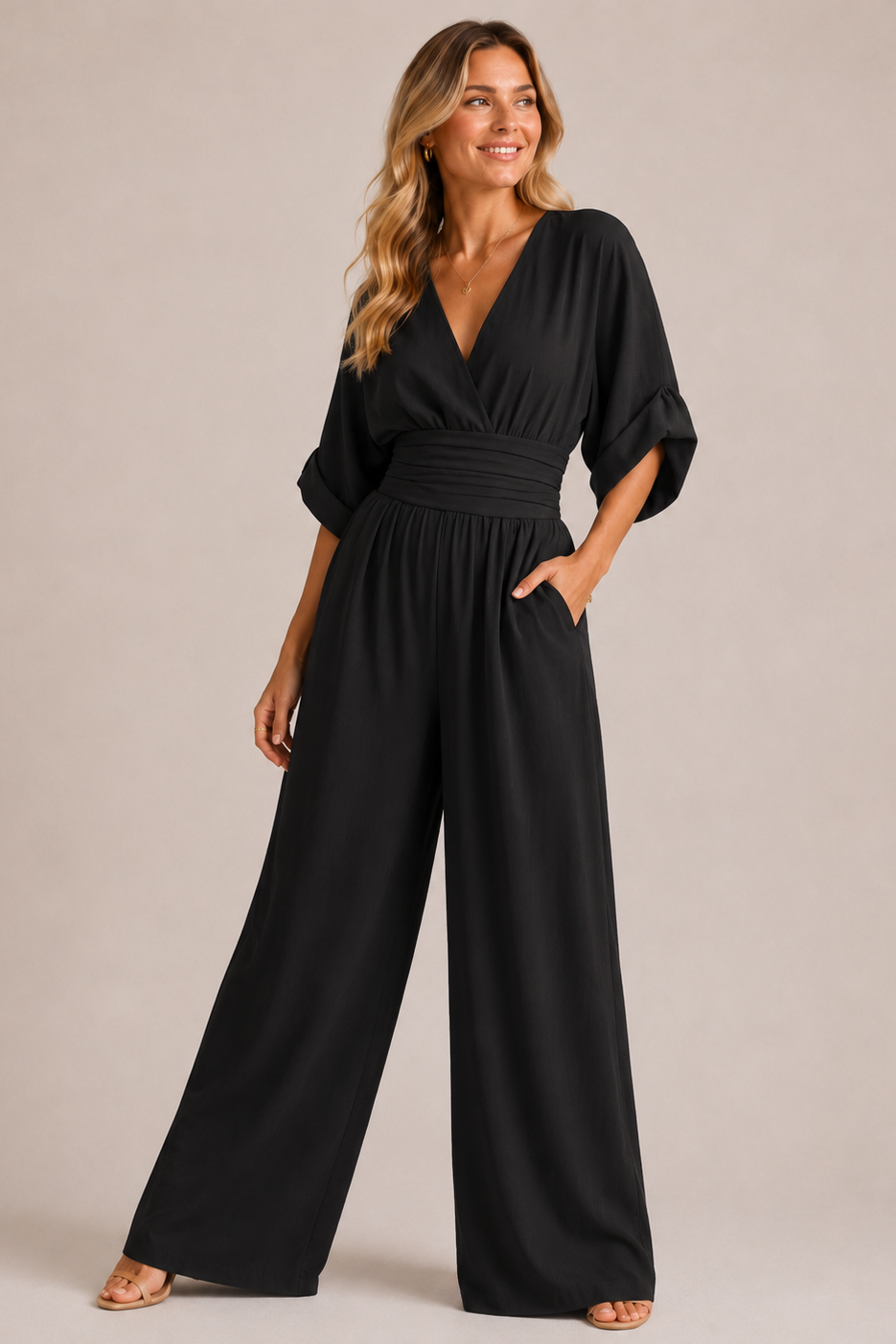 Soleil | Tuta Elegante Donna con Maniche a Tre Quarti e Vita Alta 7