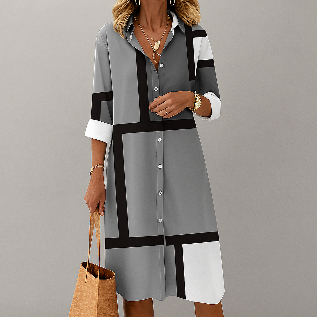 Abito Camicia con Motivo Geometrico e Bottoni per Occasioni da Donna 2