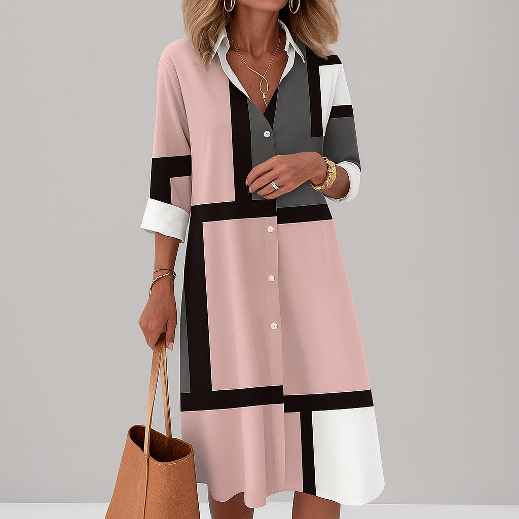 Abito Camicia con Motivo Geometrico e Bottoni per Occasioni da Donna 3