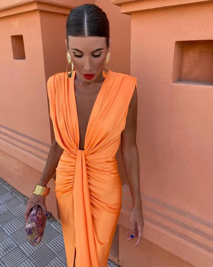 Abito Donna | Lungo Elegante con Drappeggio & Spacco 0