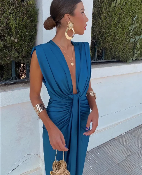 Abito Donna | Lungo Elegante con Drappeggio & Spacco 2