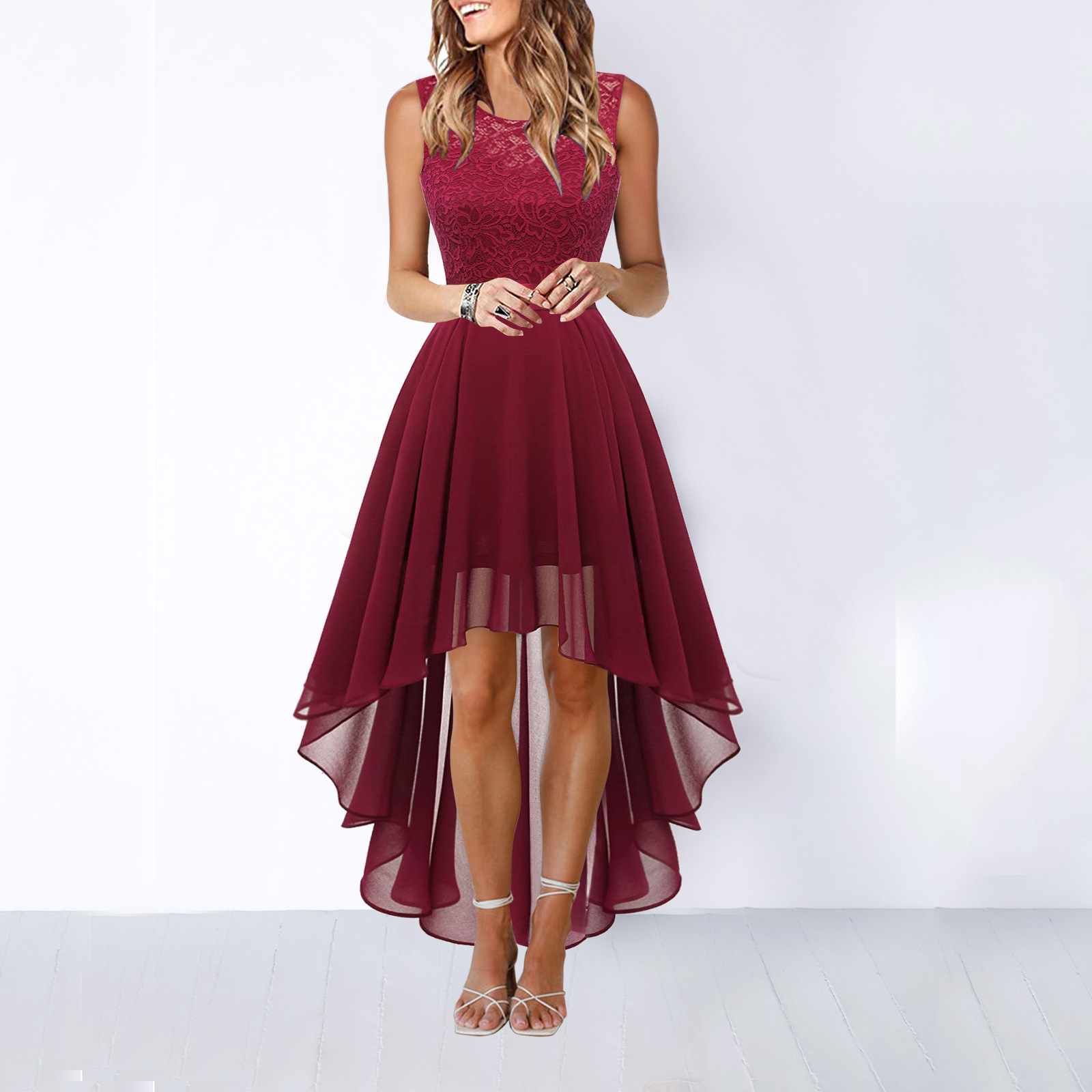 Abito da sera asimmetrico da donna, con orlo più lungo e più corto, elegante, senza maniche, fluente, perfetto per feste ed occasioni speciali. 8