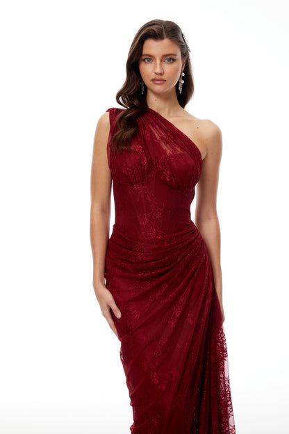 Abito lungo Stefania in pizzo floreale rosso rubino 1