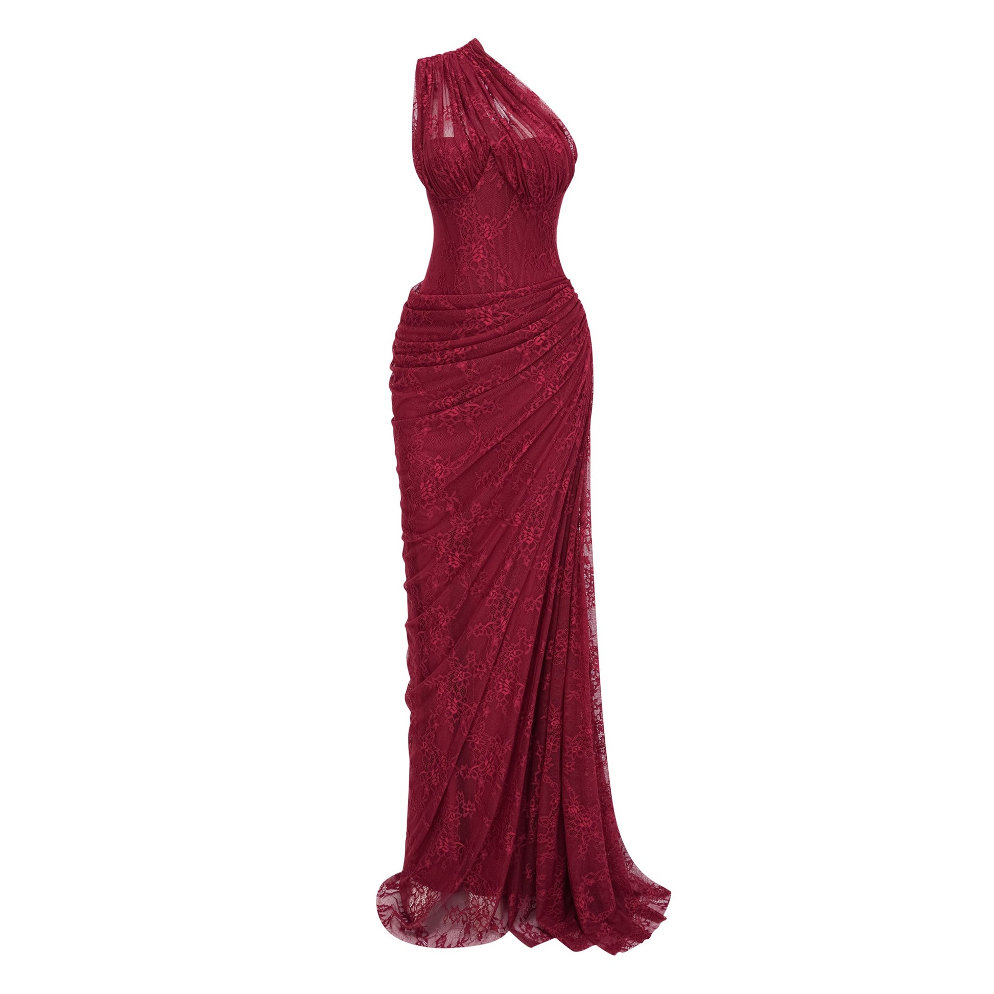 Abito lungo Stefania in pizzo floreale rosso rubino 2