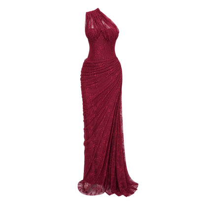 Abito lungo Stefania in pizzo floreale rosso rubino 2