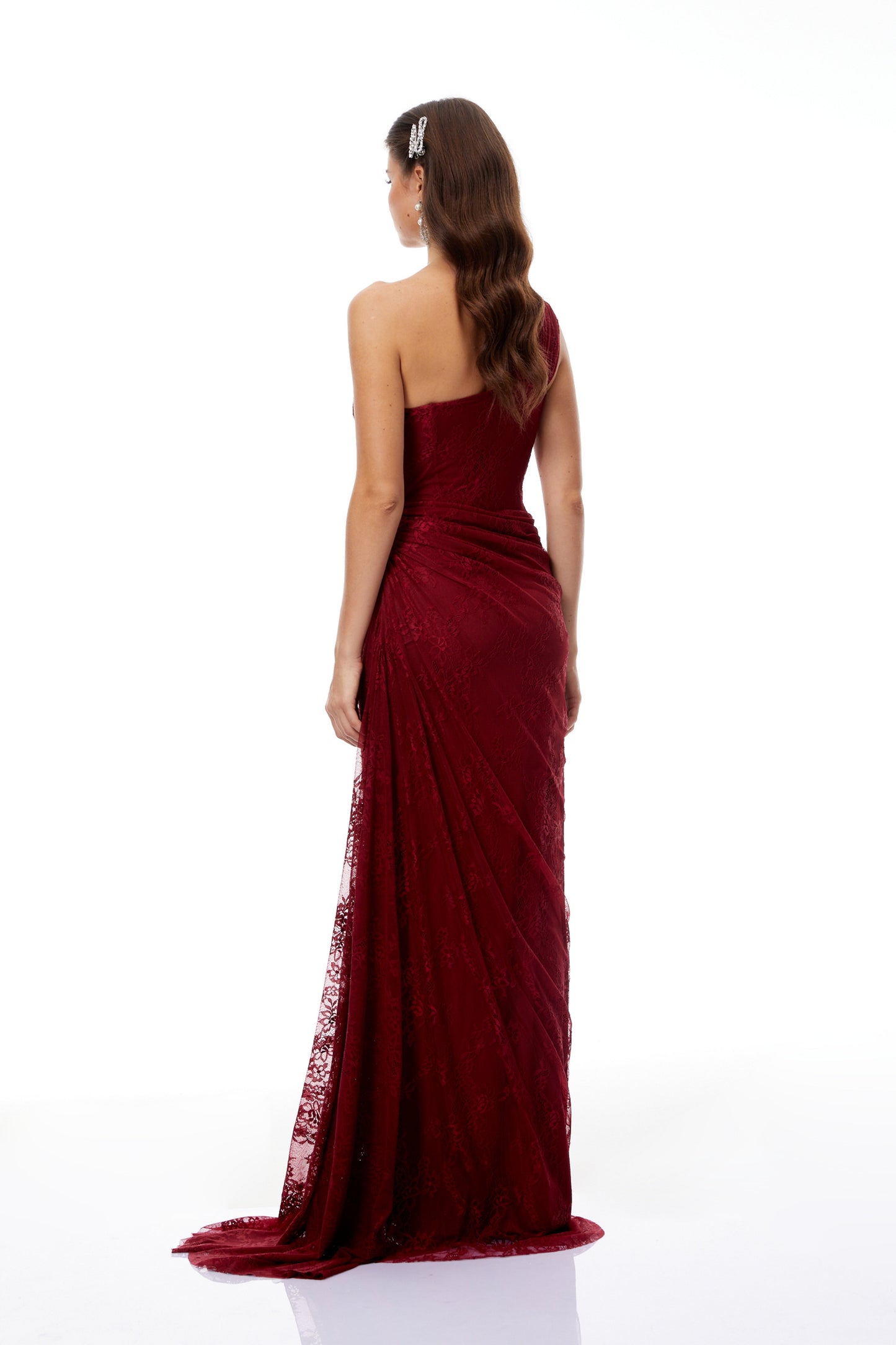 Abito lungo Stefania in pizzo floreale rosso rubino 3