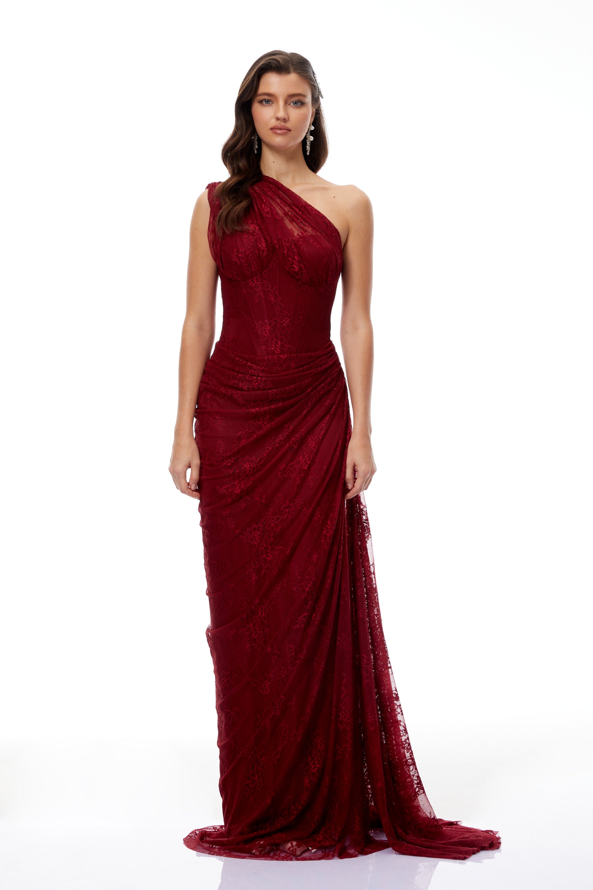 Abito lungo Stefania in pizzo floreale rosso rubino 4