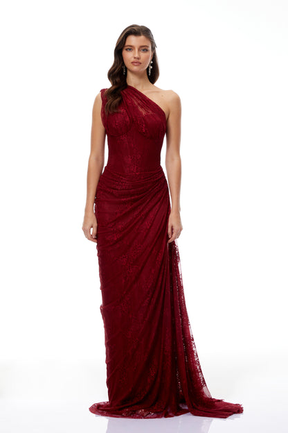 Abito lungo Stefania in pizzo floreale rosso rubino 4