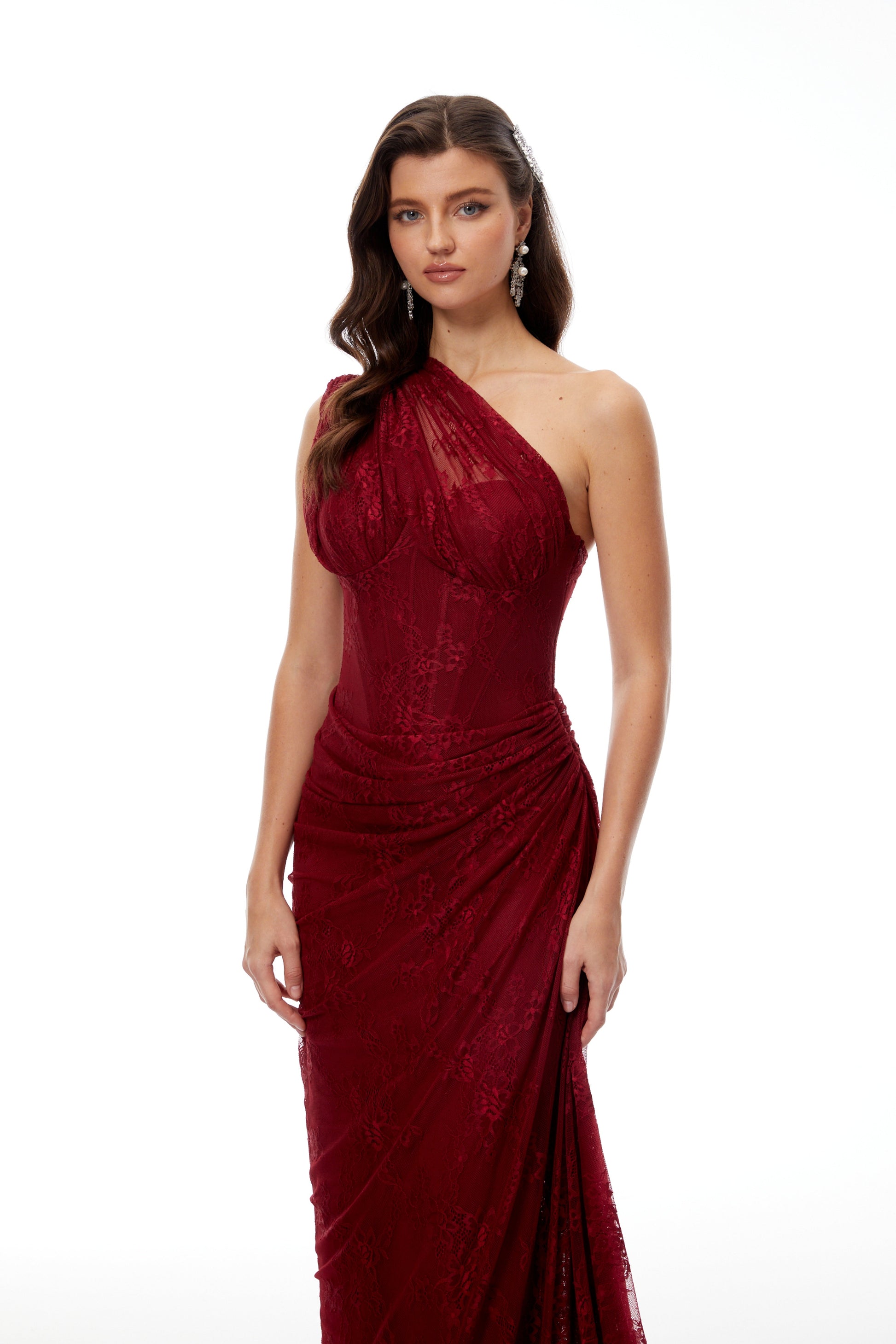 Abito lungo Stefania in pizzo floreale rosso rubino 5
