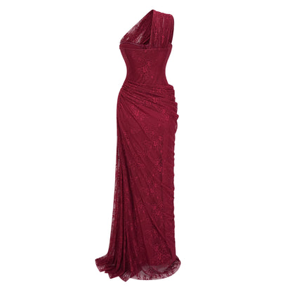 Abito lungo Stefania in pizzo floreale rosso rubino 6