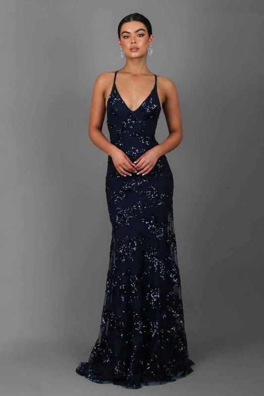 Abito lungo da donna con scollo a V, spalline sottili e finiture con paillettes. 0