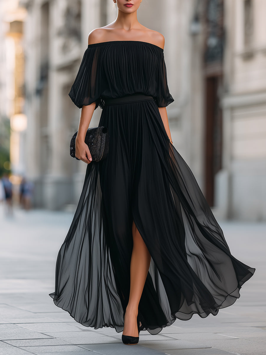 Abito lungo in chiffon plissettato con spalle scoperte 0