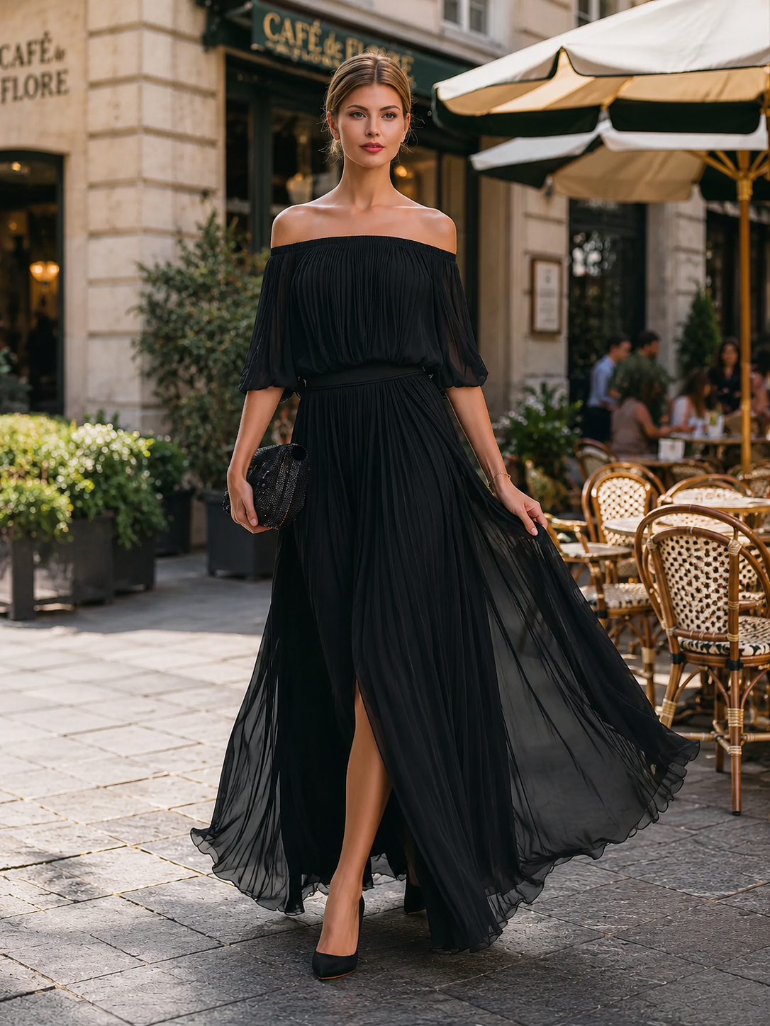 Abito lungo in chiffon plissettato con spalle scoperte 2