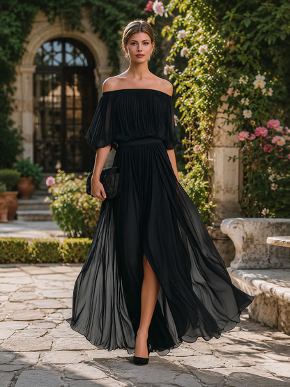 Abito lungo in chiffon plissettato con spalle scoperte 4