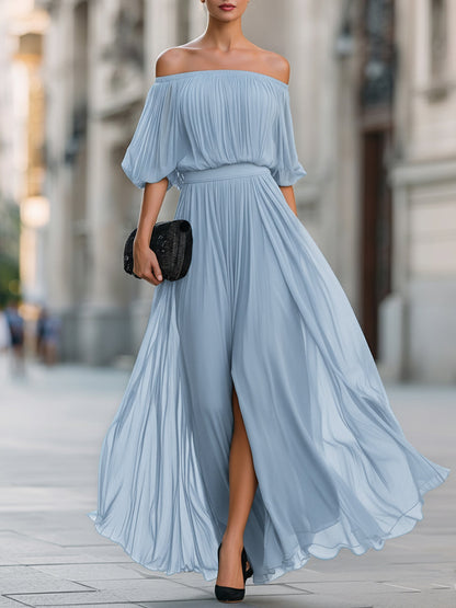 Abito lungo in chiffon plissettato con spalle scoperte 5