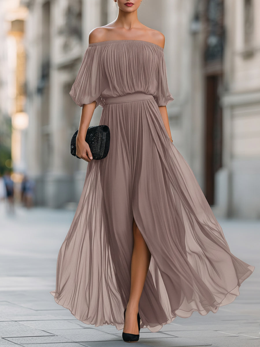 Abito lungo in chiffon plissettato con spalle scoperte 6