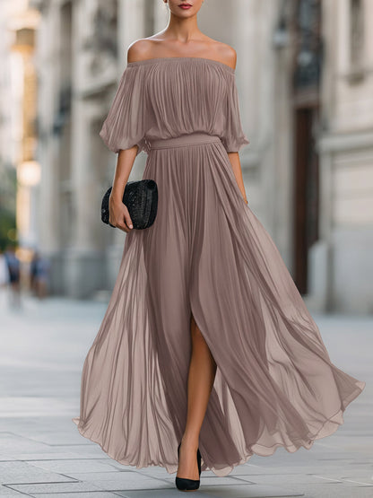 Abito lungo in chiffon plissettato con spalle scoperte 6