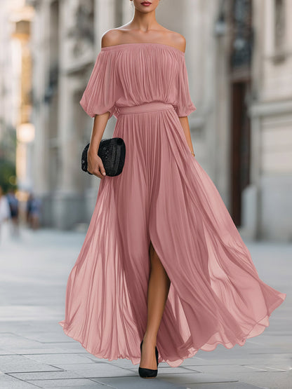 Abito lungo in chiffon plissettato con spalle scoperte 7