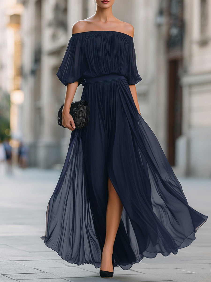 Abito lungo in chiffon plissettato con spalle scoperte 8