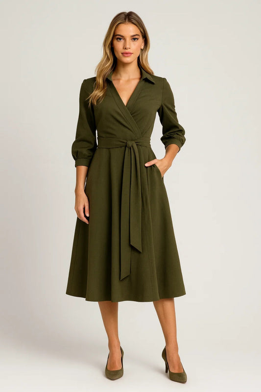 Abito midi da donna - Modello a portafoglio, colletto a camicia, con cintura | Chic 0