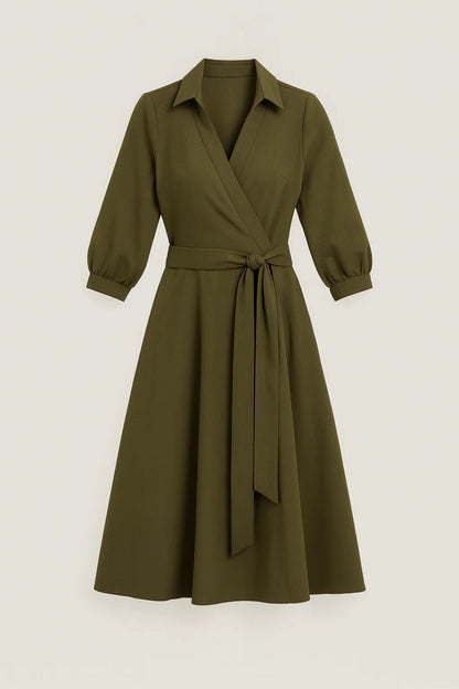 Abito midi da donna - Modello a portafoglio, colletto a camicia, con cintura | Chic 1