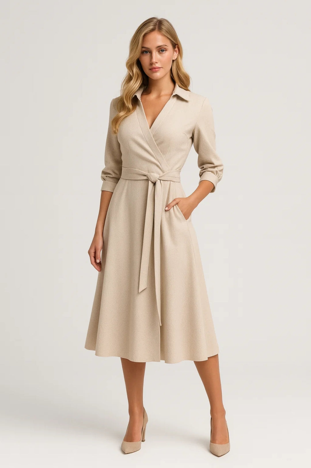 Abito midi da donna - Modello a portafoglio, colletto a camicia, con cintura | Chic 2