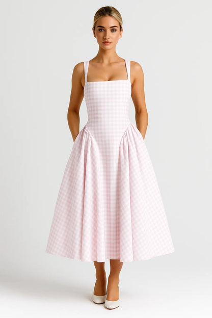 Abito midi da donna - Spalline larghe, a quadri, svasato | Elegante 0