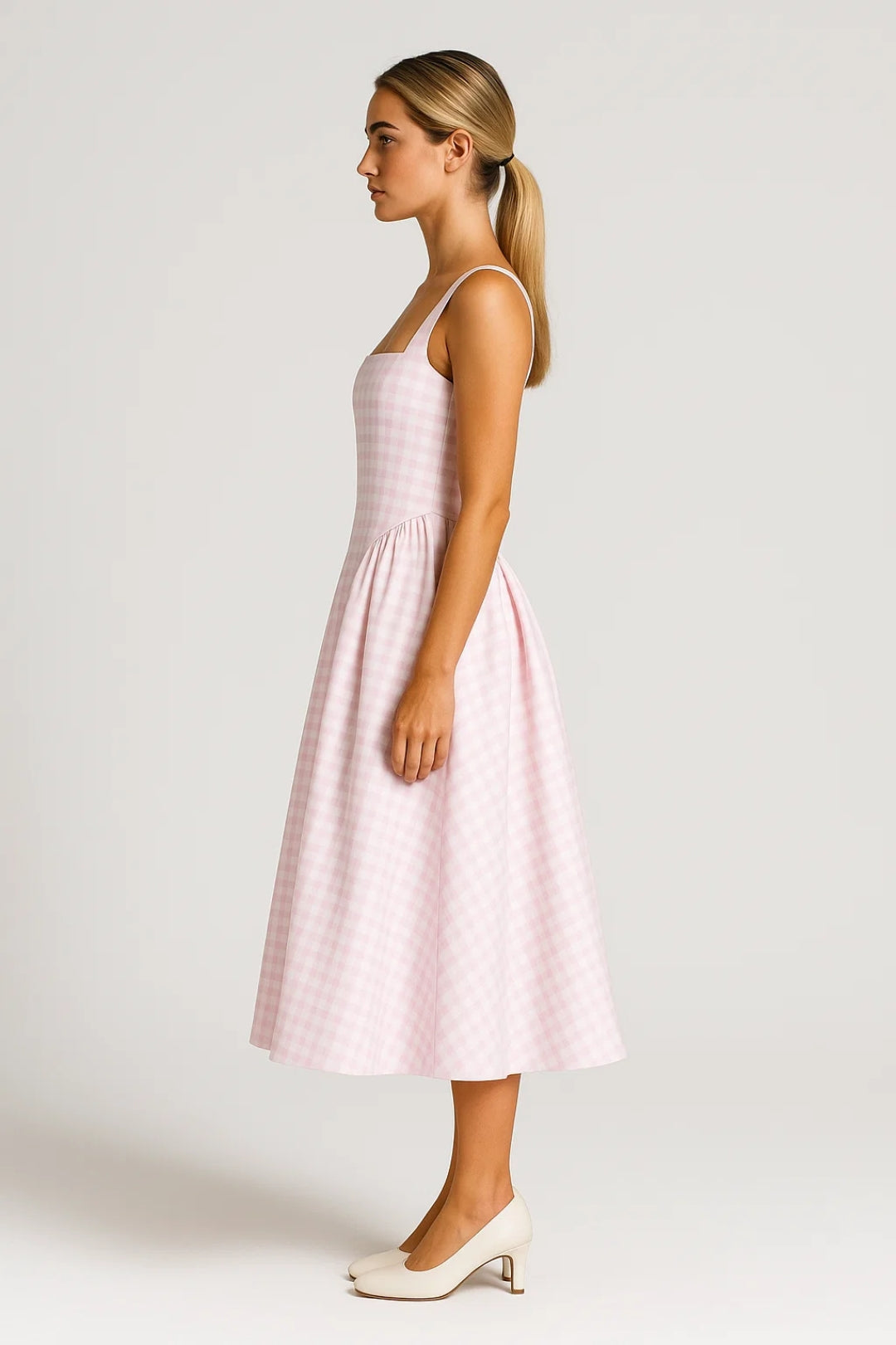 Abito midi da donna - Spalline larghe, a quadri, svasato | Elegante 1