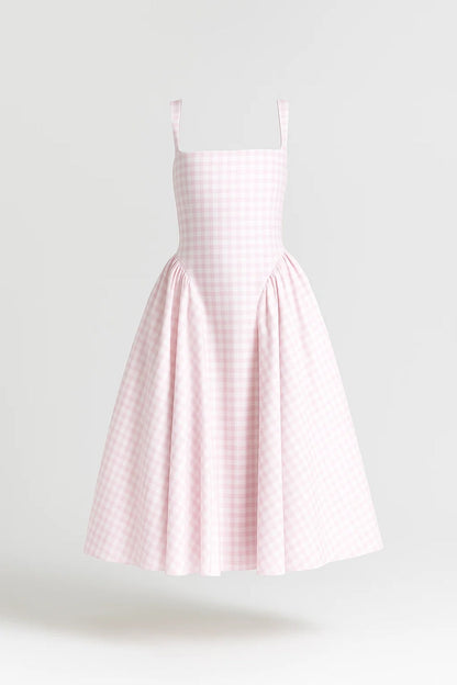 Abito midi da donna - Spalline larghe, a quadri, svasato | Elegante 2