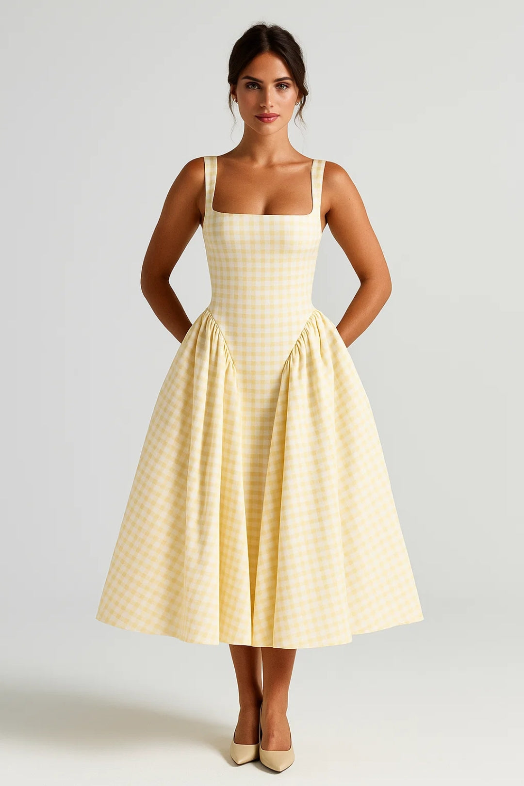 Abito midi da donna - Spalline larghe, a quadri, svasato | Elegante 4