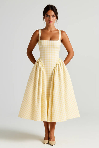 Abito midi da donna - Spalline larghe, a quadri, svasato | Elegante 4