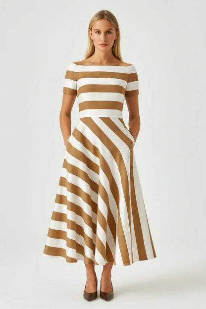 Abito midi da donna - a righe, maniche corte, svasato | Elegante 1