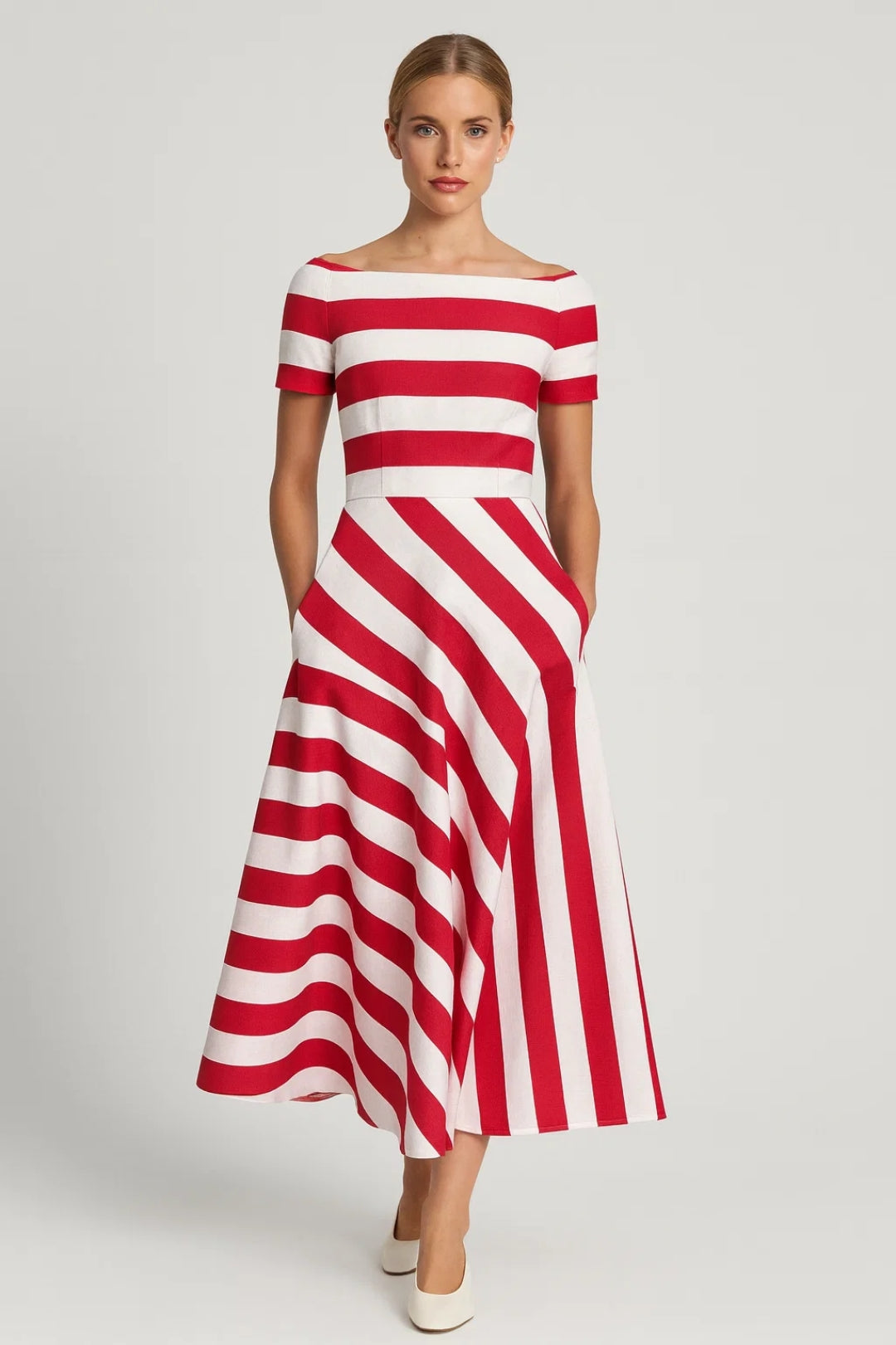 Abito midi da donna - a righe, maniche corte, svasato | Elegante 2