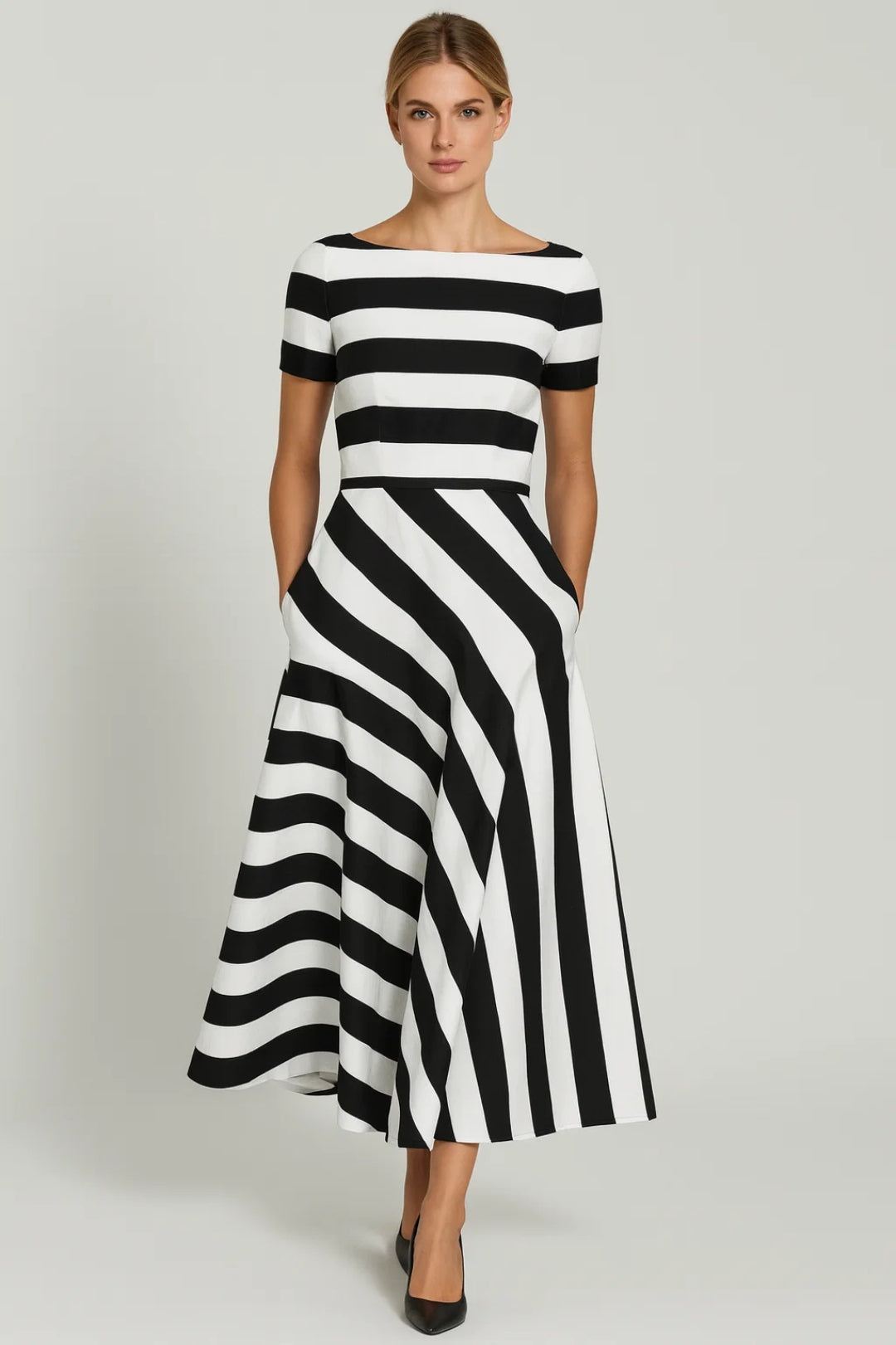 Abito midi da donna - a righe, maniche corte, svasato | Elegante 3