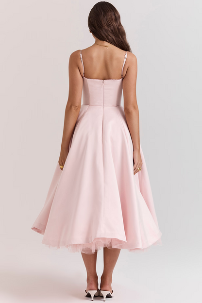 Abito midi da donna con corpetto a bustier, spalline sottili, bordo in pizzo sullo scollo e gonna a ruota con tasche laterali. 4