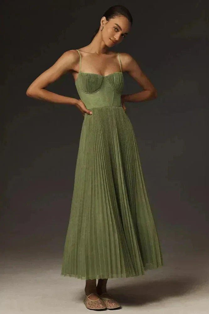 Abito midi da donna plissettato con spalline, color verde oliva. 0