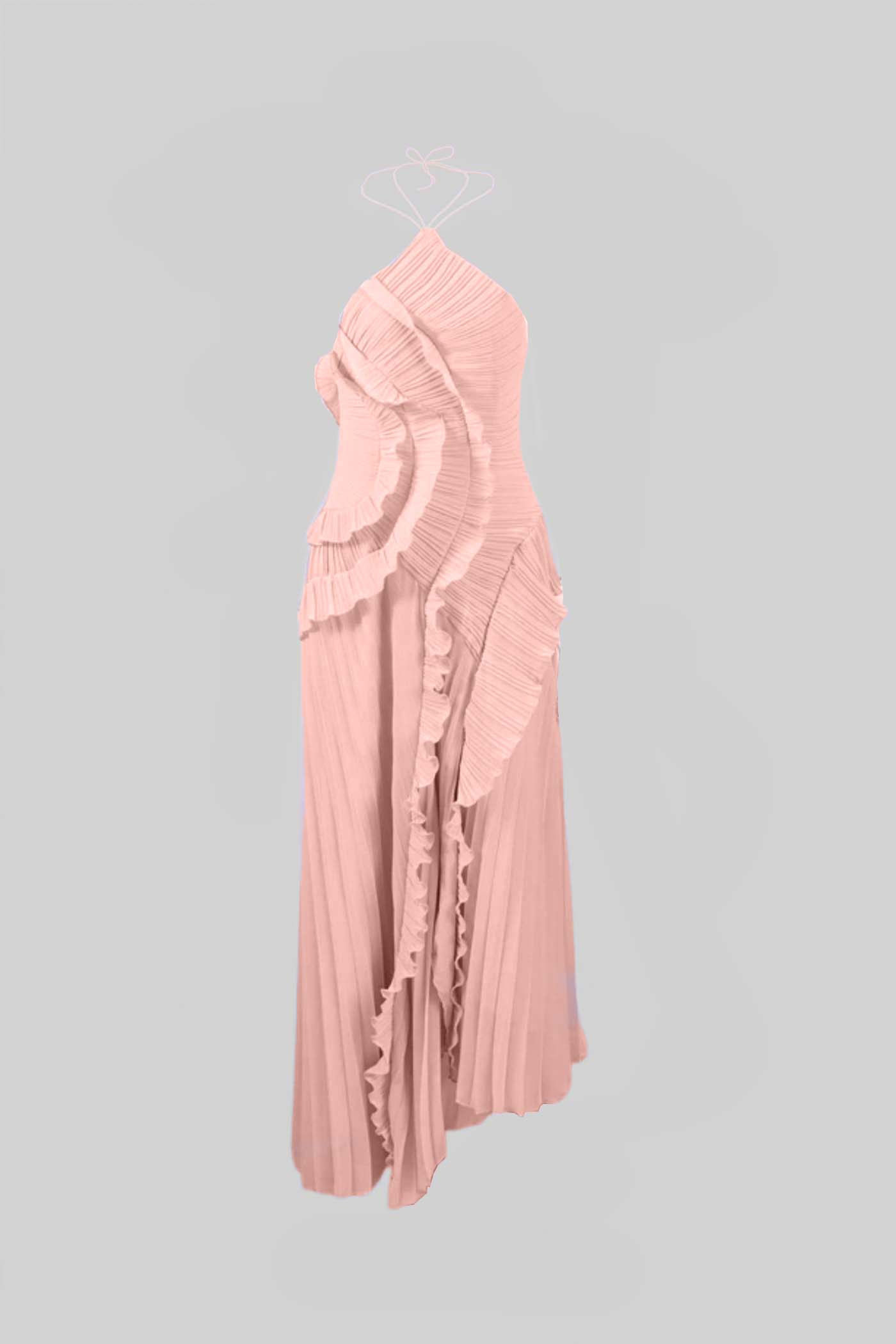 Abito midi plissettato con scollo all'americana e dettagli a balze a cascata - Rosa 1