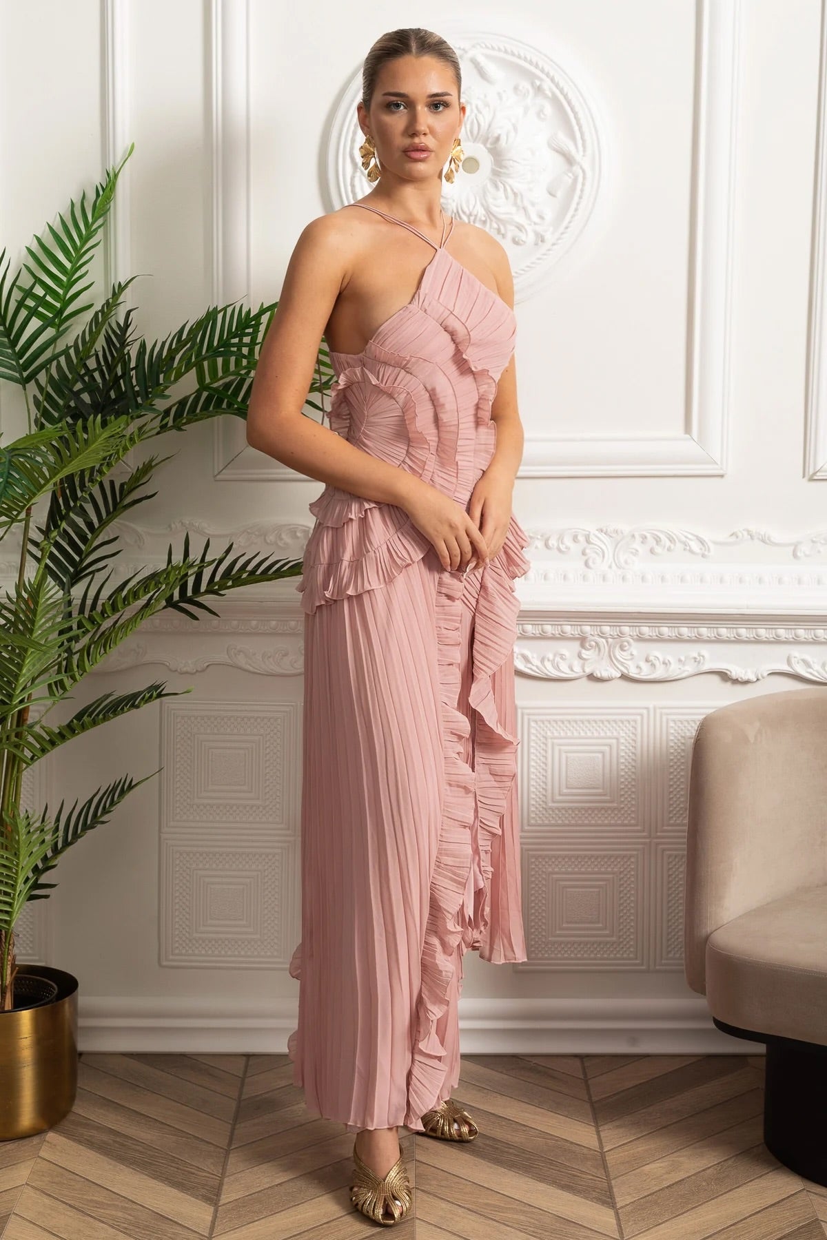 Abito midi plissettato con scollo all'americana e dettagli a balze a cascata - Rosa 3