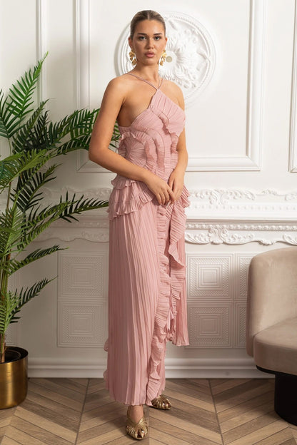 Abito midi plissettato con scollo all'americana e dettagli a balze a cascata - Rosa 3