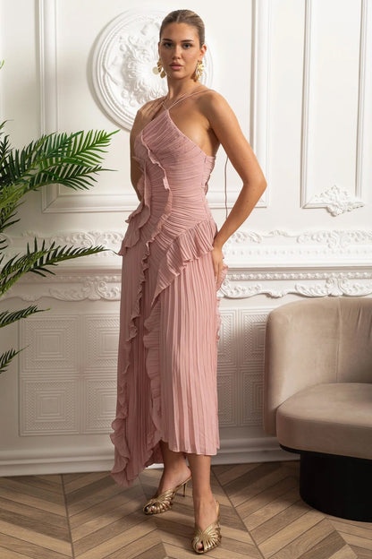 Abito midi plissettato con scollo all'americana e dettagli a balze a cascata - Rosa 4