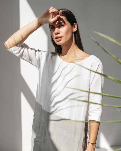 Allegra | Abito Donna Color-Block Elegante in Lino con Maniche a ¾ e Tasche Laterali 1