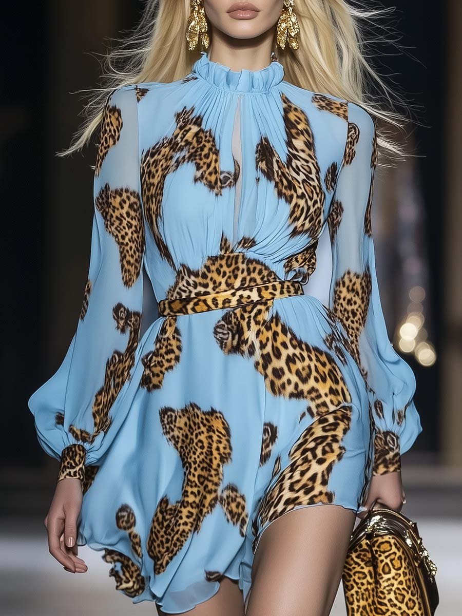 Azzurra Eleganza | Mini Abito in Chiffon con Stampa Leopardata 0