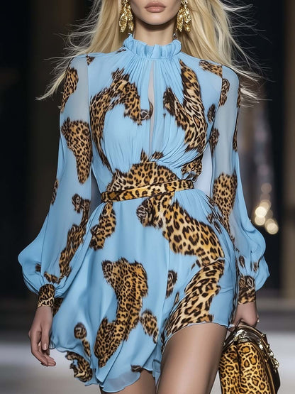 Azzurra Eleganza | Mini Abito in Chiffon con Stampa Leopardata 0
