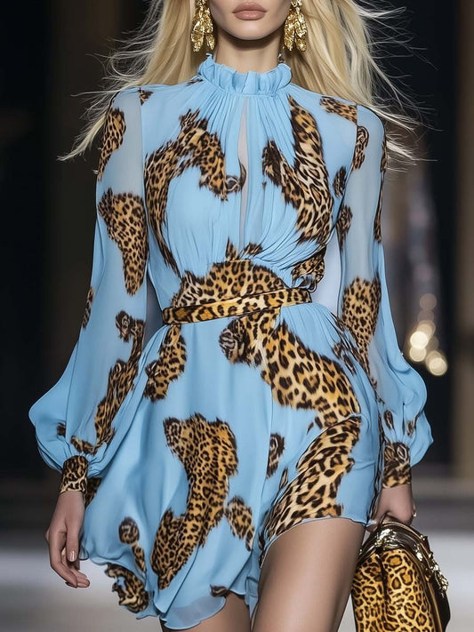 Azzurra Eleganza | Mini Abito in Chiffon con Stampa Leopardata 0