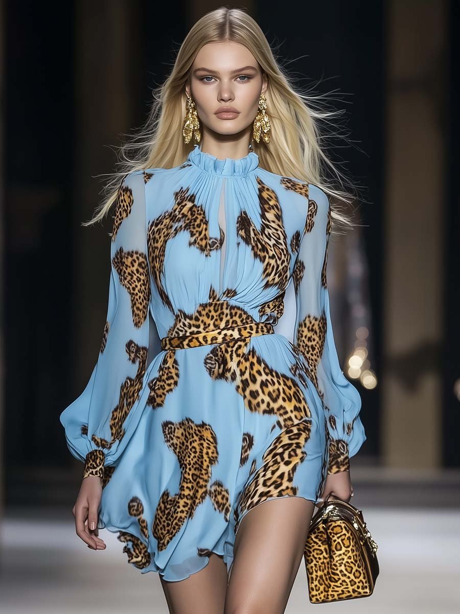 Azzurra Eleganza | Mini Abito in Chiffon con Stampa Leopardata 2