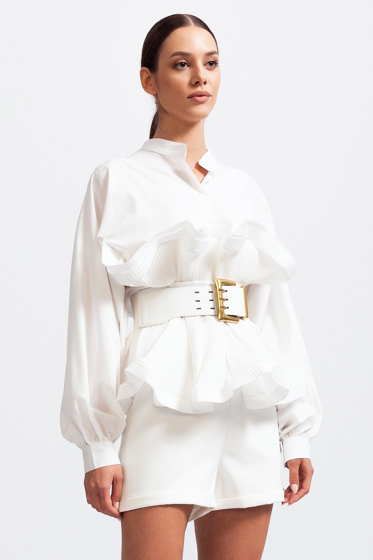 Bella Bianca | Camicia Bianca Donna con Volant e Cintura 0