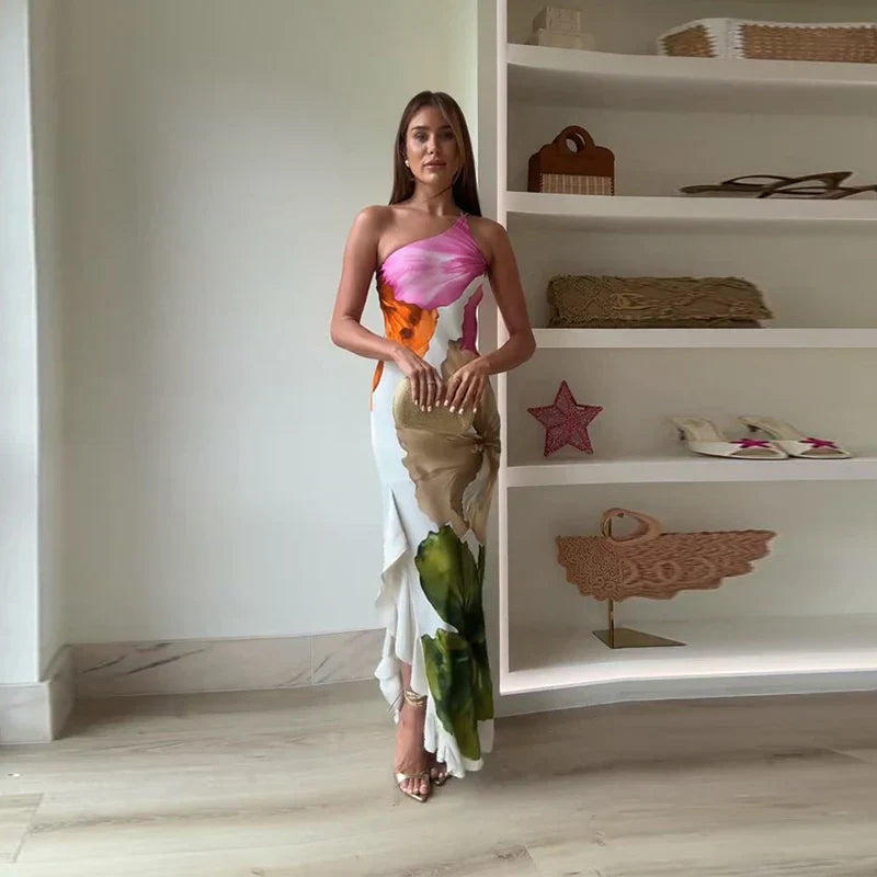 Bella | Abito Lungo Cerimonia Monospalla con Motivo Floreale Elegante 0