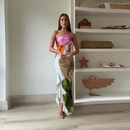 Bella | Abito Lungo Cerimonia Monospalla con Motivo Floreale Elegante 0