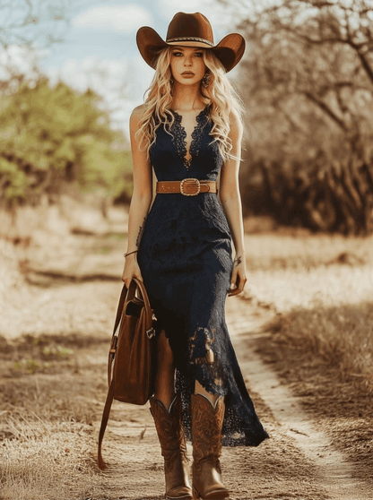 Bella | Abito Midi Elegante in Pizzo Blu 1